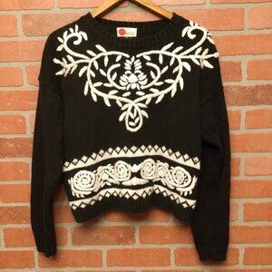 Vintage Circle Sweater Women's Size M Floral Embroidered Knitted Drop Shoulder